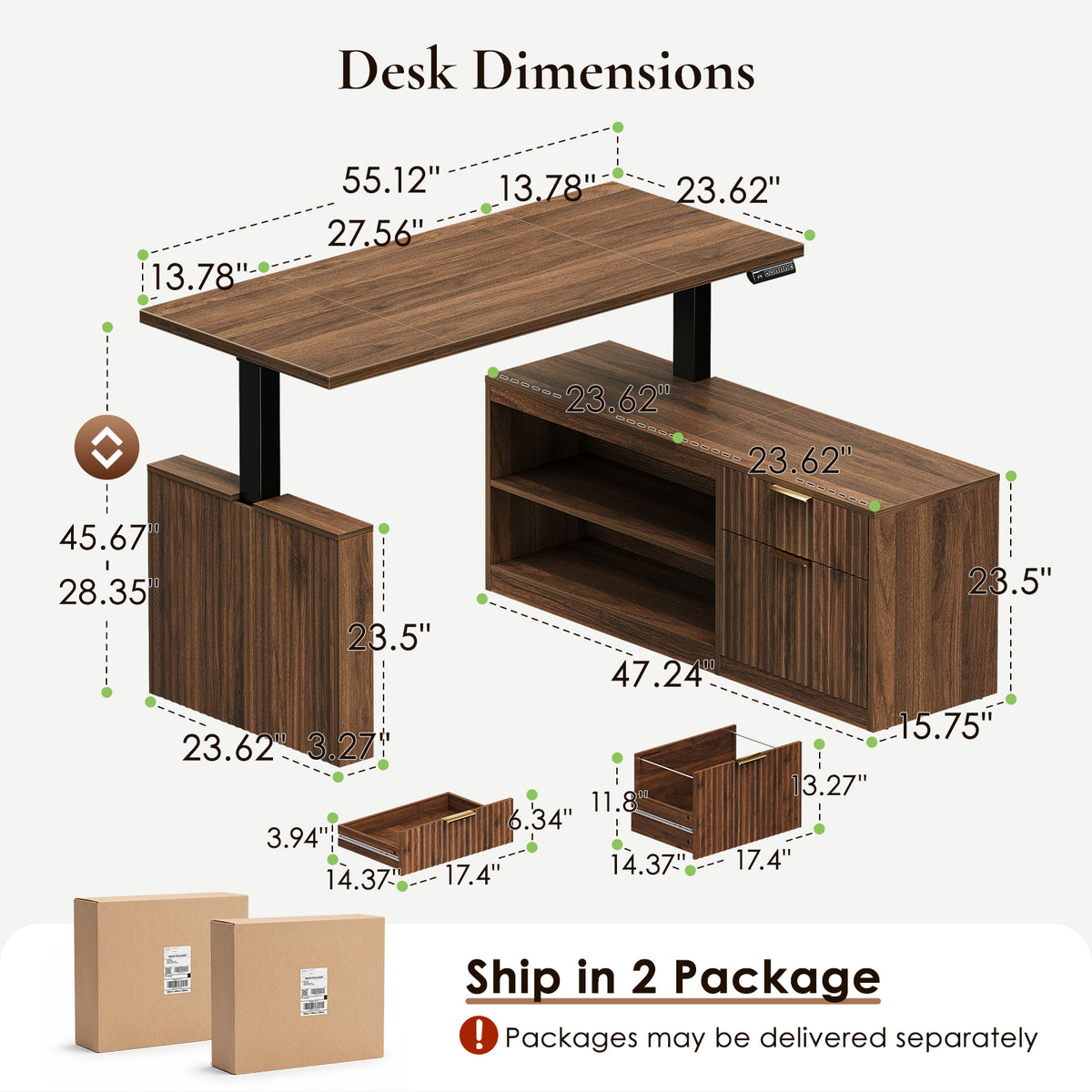Dimension diagram of the OffiGo 55-inch fluted L-shaped standing desk with a walnut-brown desktop and brown legs, showing the desktop, side panel, file cabinet and drawer measurements, plus separate two-package delivery.