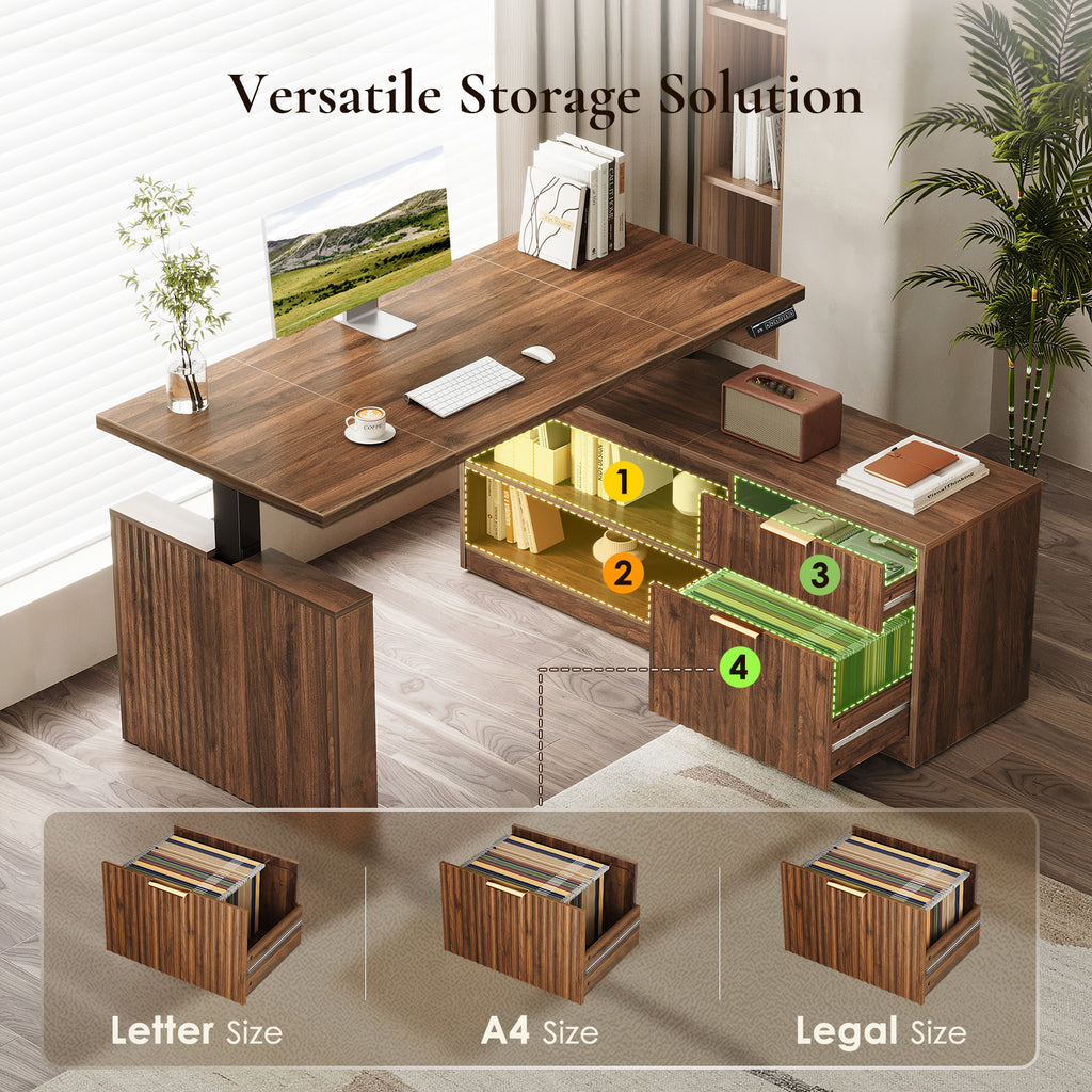 Fluted walnut-brown cabinet beneath a walnut-brown desktop, showing open shelves, drawers and hanging-file storage for Letter, A4 and Legal folders.