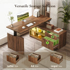 Fluted walnut-brown cabinet beneath a walnut-brown desktop, showing open shelves, drawers and hanging-file storage for Letter, A4 and Legal folders.