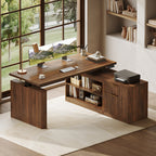 OffiGo 55-inch fluted L-shaped standing desk with a walnut-brown desktop and brown legs, with a matching fluted walnut-brown file cabinet, open shelves and drawers, shown with monitors and a printer.