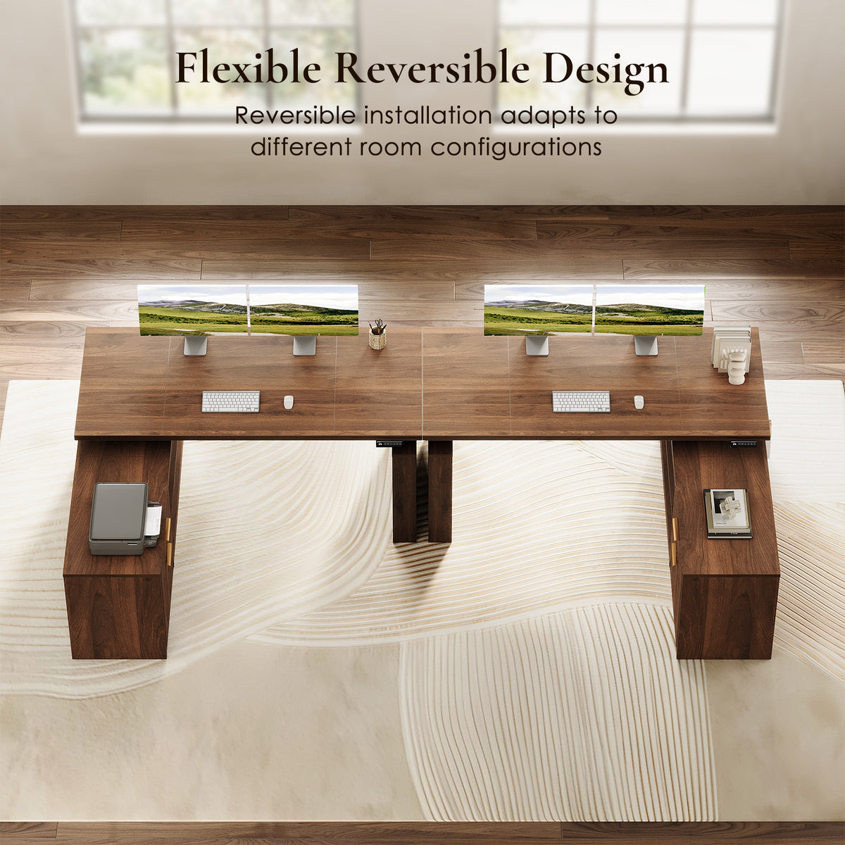Two overhead layouts of the OffiGo 55-inch fluted L-shaped standing desk with a walnut-brown desktop and brown legs, showing the file cabinet and side panel installed on alternate sides.