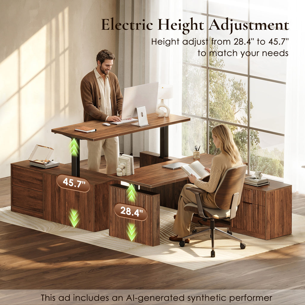 Seated and standing users at the OffiGo 55-inch fluted L-shaped standing desk with a walnut-brown desktop and brown legs, illustrating the labeled 28.4 to 45.7-inch height adjustment range.