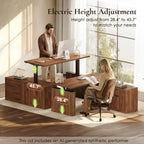 Seated and standing users at the OffiGo 55-inch fluted L-shaped standing desk with a walnut-brown desktop and brown legs, illustrating the labeled 28.4 to 45.7-inch height adjustment range.