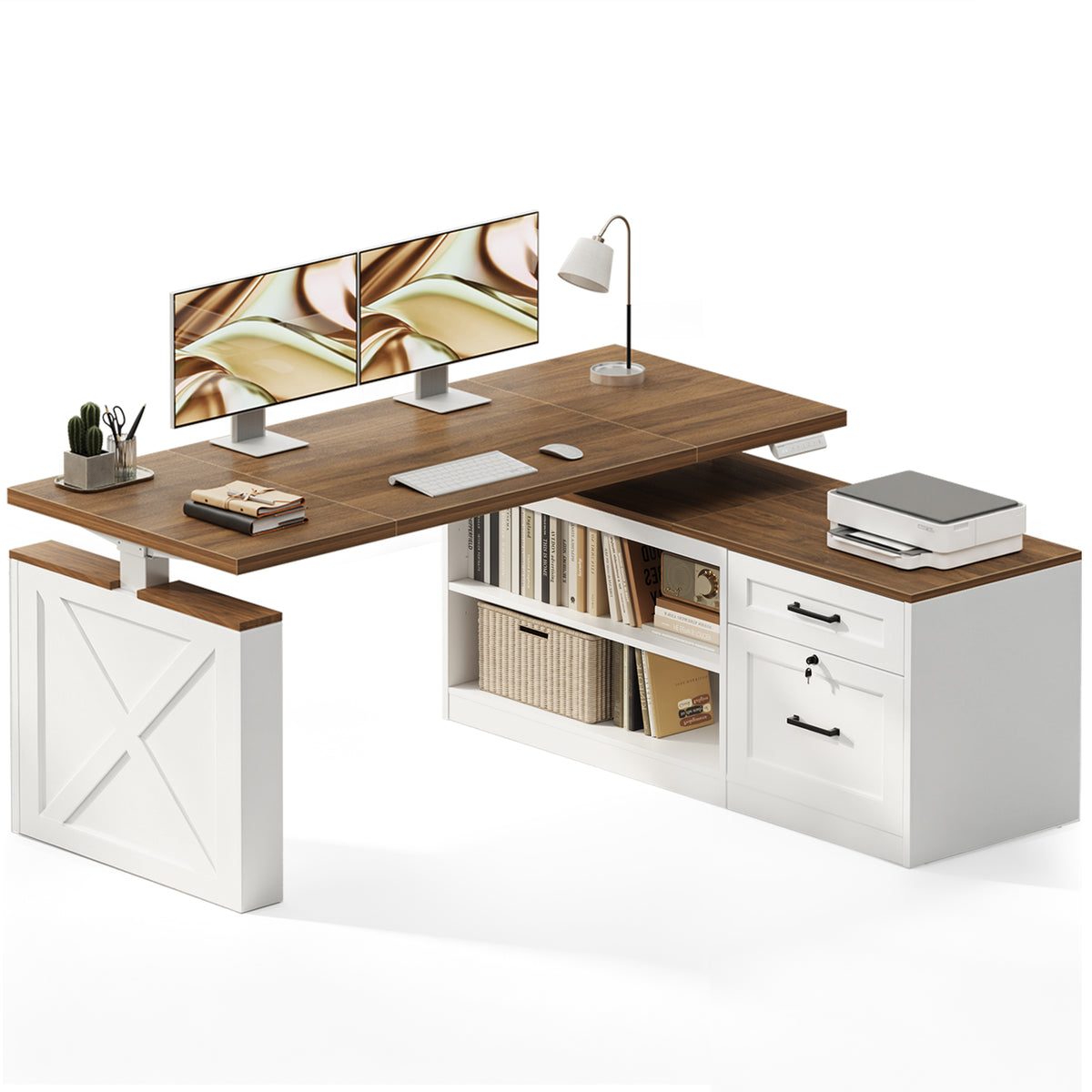 OffiGo 55-inch farmhouse L-shaped standing desk with a walnut-brown desktop and white legs, with a matching white farmhouse file cabinet, open shelves and drawers, shown with monitors and a printer.