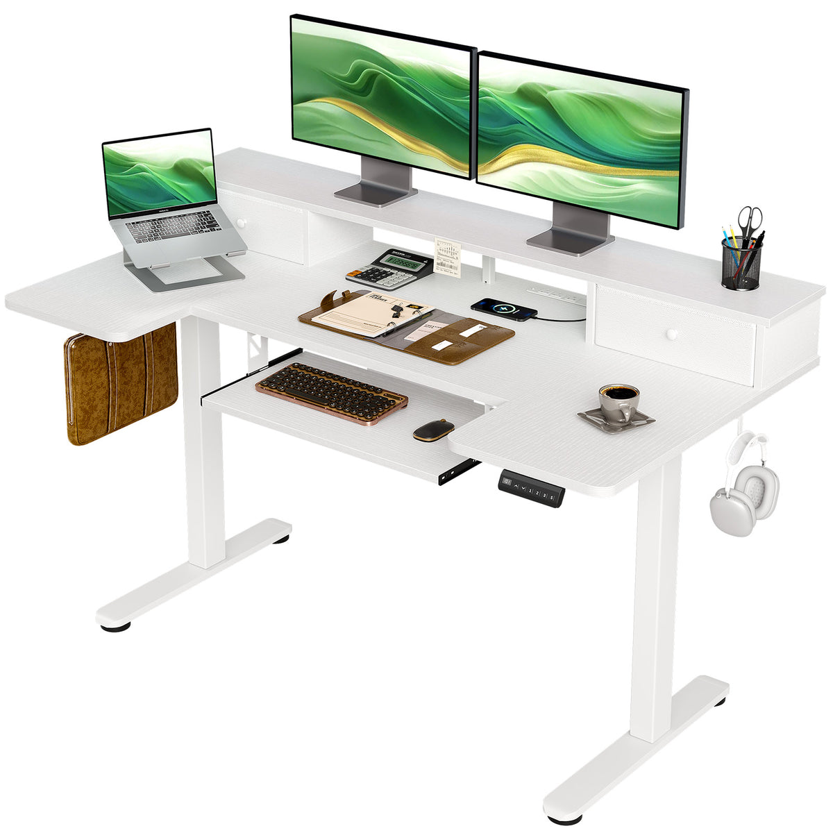 Three-quarter view of the OffiGo 55-inch white U-shaped standing desk with two drawers, a full-width monitor stand and a slide-out keyboard tray.