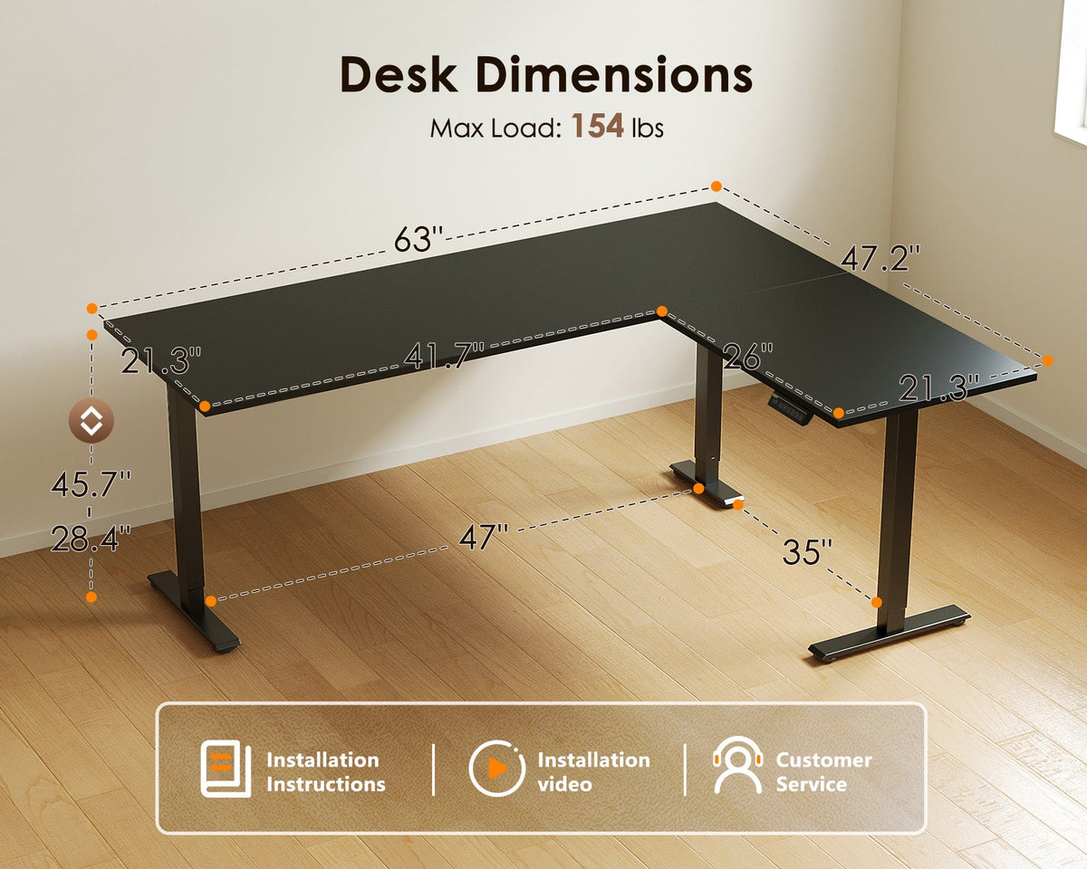 Dimension diagram of the OffiGo 63-inch black L-shaped standing desk, showing 63 by 47.2-inch overall size, 28.4 to 45.7-inch height adjustment and 154-lb capacity.