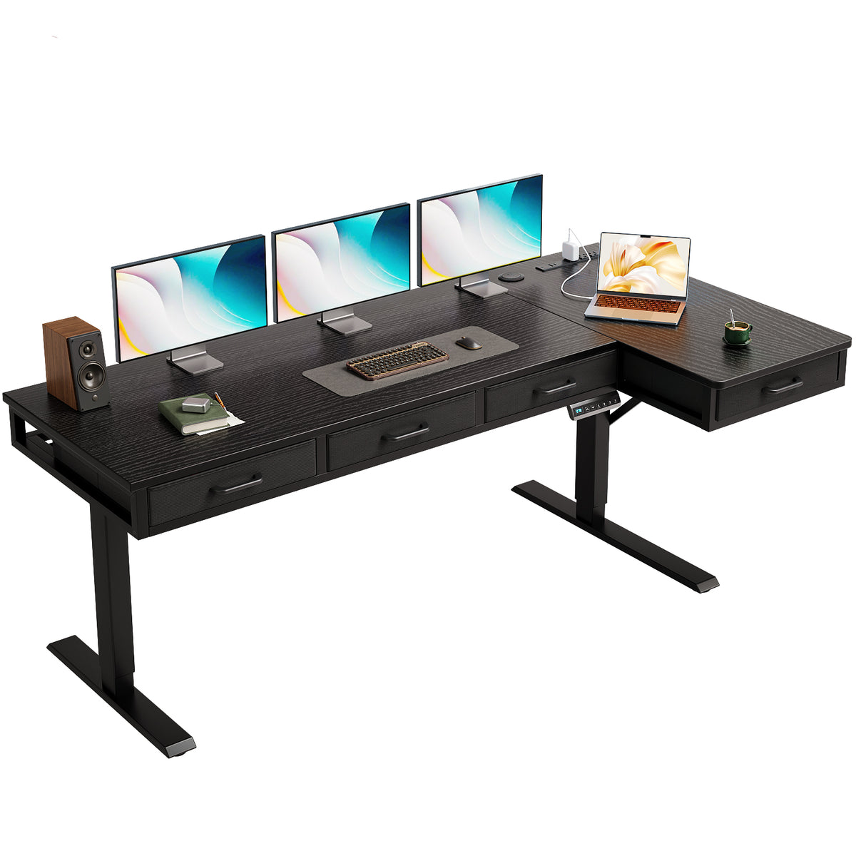 OffiGo 63-inch black L-shaped electric standing desk with four fabric drawers, three monitors on stands and a laptop.