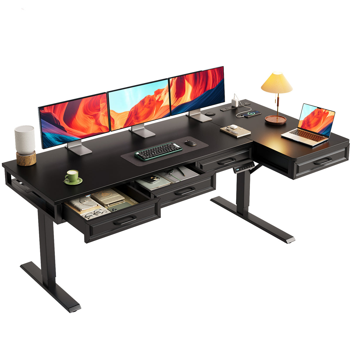 Three-quarter view of the OffiGo 63-inch L-shaped standing desk with a black desktop, black frame and four wooden drawers, with multiple monitors and a laptop.