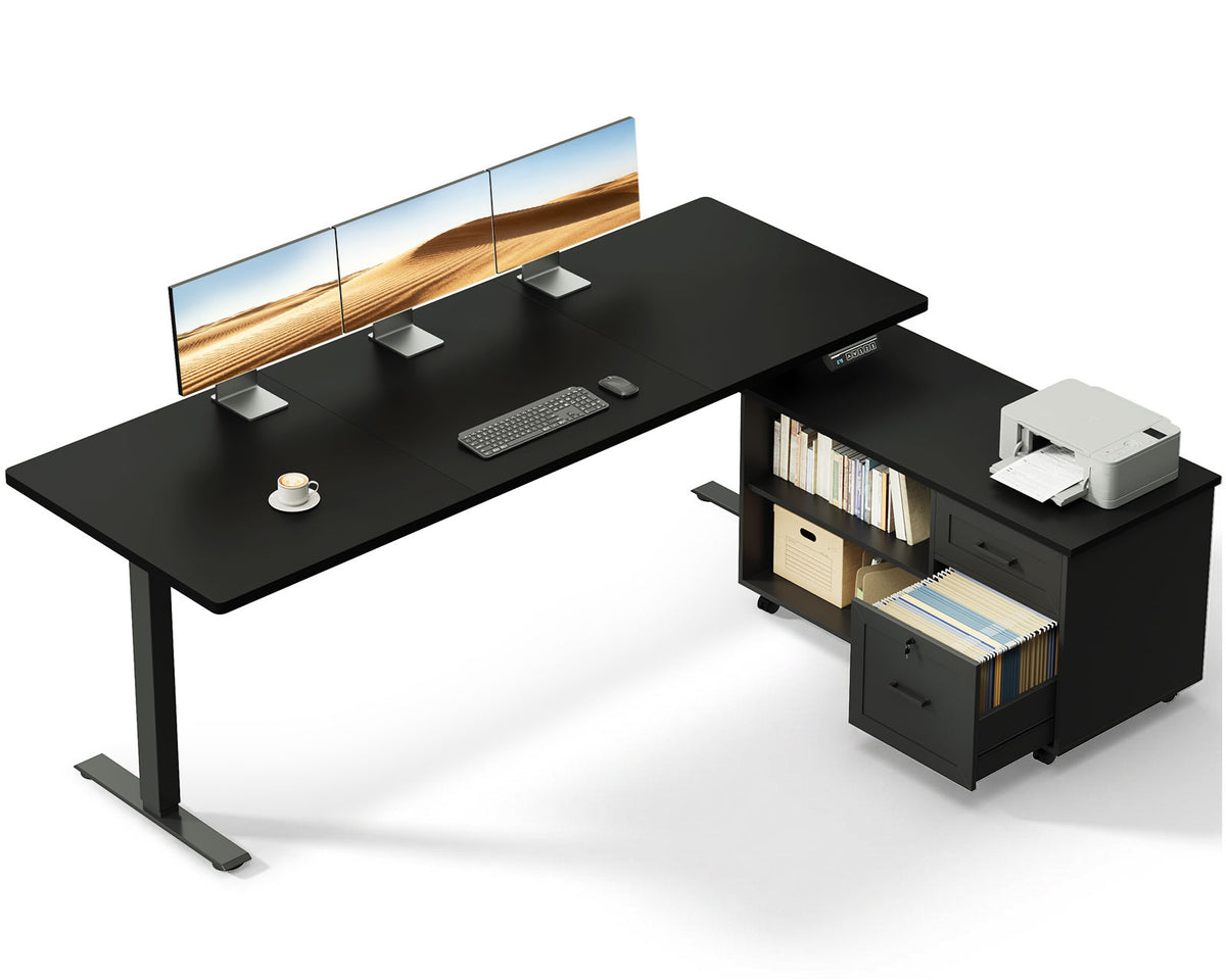 OffiGo 63-inch L-shaped standing desk with a black desktop, black legs and a black rolling file cabinet, shown with multiple monitors and a printer on a white background.