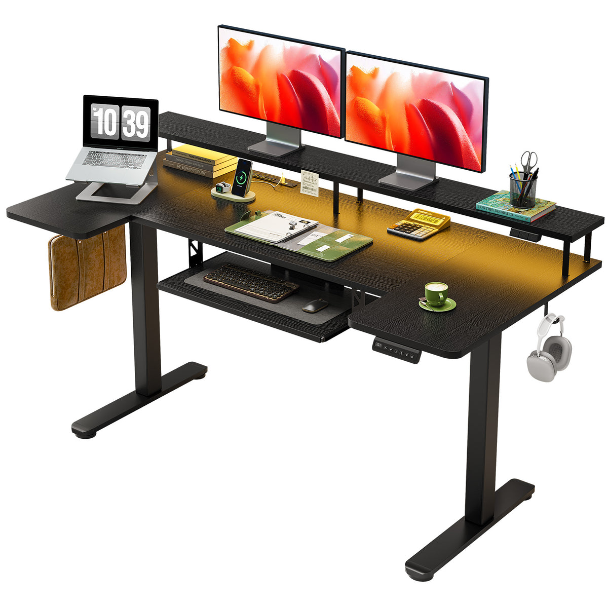 Three-quarter view of the OffiGo 63-inch black U-shaped standing desk with a full-width monitor stand, LED lighting and a slide-out keyboard tray.