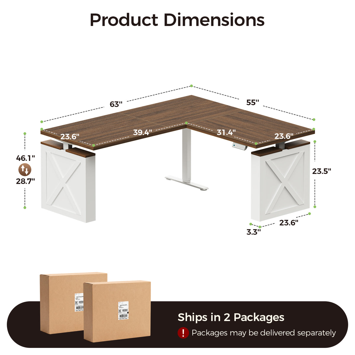 Dimension diagram of the OffiGo 63-inch farmhouse L-shaped standing desk with a walnut-brown desktop, white X-brace side panels and a white center support leg, showing a 63 by 55-inch L-shaped desktop, a 23.6-inch surface depth, a 28.7 to 46.1-inch adjustable height range, side-panel measurements and two-package delivery.