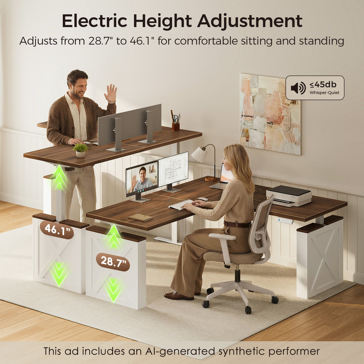 Seated and standing users at the OffiGo 63-inch farmhouse L-shaped standing desk with a walnut-brown desktop, white X-brace side panels and a white center support leg, illustrating electric height adjustment from 28.7 to 46.1 inches.