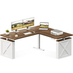 OffiGo 63-inch farmhouse L-shaped standing desk with a walnut-brown desktop, white X-brace side panels and a white center support leg, shown on a white background with dual monitors, a laptop and a printer.