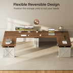 Alternate arrangements of the OffiGo 63-inch farmhouse L-shaped standing desk with a walnut-brown desktop, white X-brace side panels and a white center support leg, illustrating left-side and right-side return configurations.