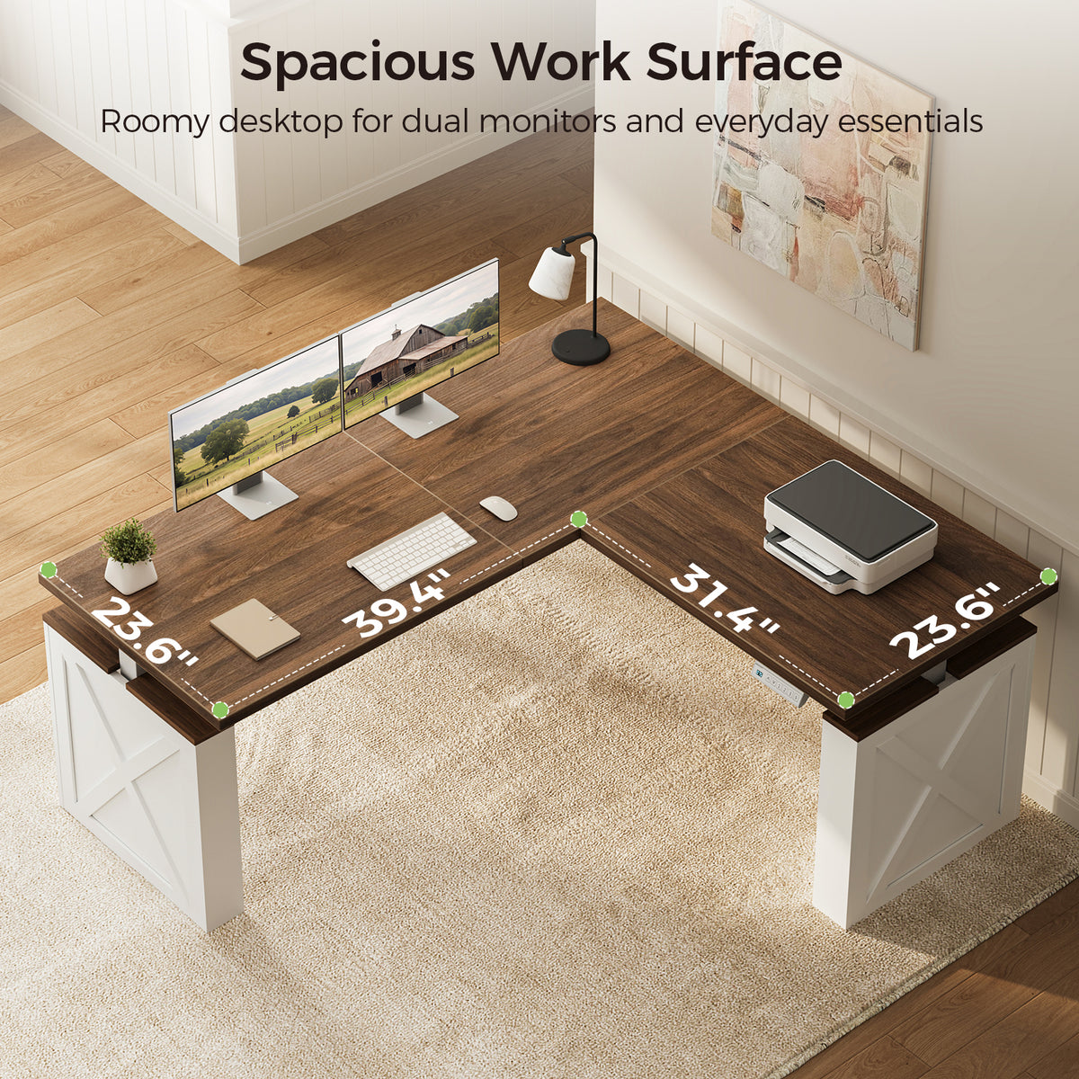 Overhead view of the OffiGo 63-inch farmhouse L-shaped standing desk with a walnut-brown desktop, white X-brace side panels and a white center support leg, highlighting the 23.6-inch desktop depth and labeled inner edges of 39.4 and 31.4 inches, with space for dual monitors and a printer.
