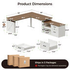 Dimension diagram of the OffiGo 63-inch farmhouse L-shaped standing desk with a walnut-brown desktop, white X-brace side panel and white cabinet with open shelves and drawers, showing a 63 by 55-inch L-shaped desktop, a 28.7 to 46.1-inch adjustable height range, shelf and drawer measurements, and three-package delivery.