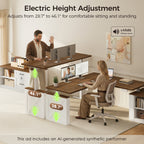 Seated and standing users at the OffiGo 63-inch farmhouse L-shaped standing desk with a walnut-brown desktop, white X-brace side panel and white cabinet with open shelves and drawers, illustrating electric height adjustment from 28.7 to 46.1 inches.