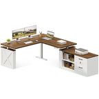 OffiGo 63-inch farmhouse L-shaped standing desk with a walnut-brown desktop, white X-brace side panel and white cabinet with open shelves and drawers, shown on a white background with dual monitors, a laptop and a printer on the cabinet top.