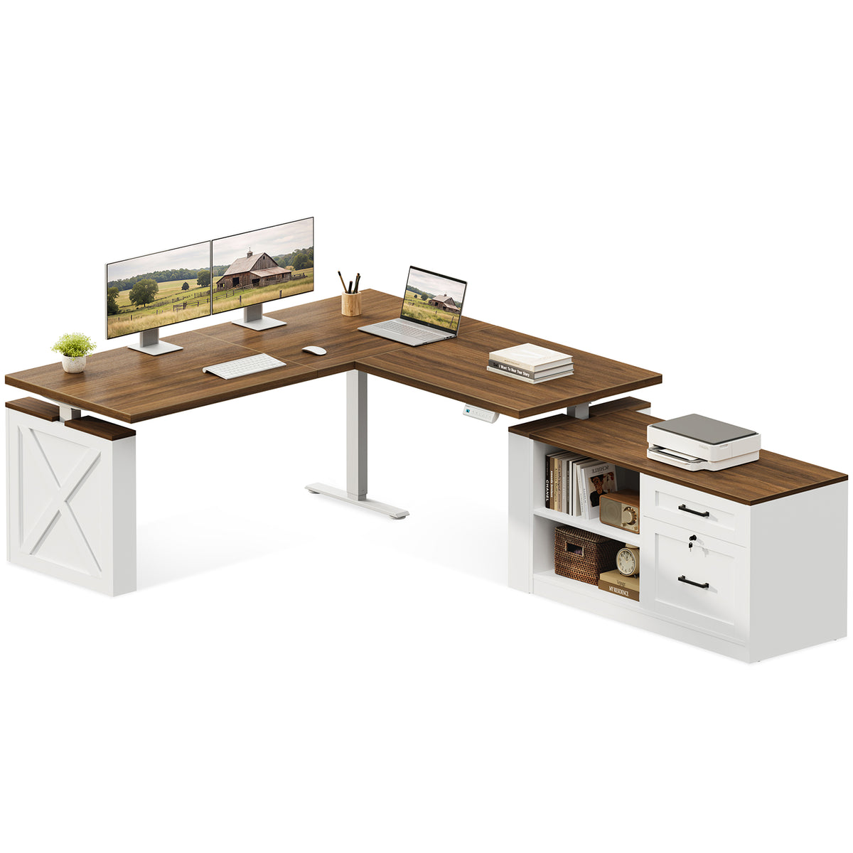 OffiGo 63-inch farmhouse L-shaped standing desk with a walnut-brown desktop, white X-brace side panel and white cabinet with open shelves and drawers, shown on a white background with dual monitors, a laptop and a printer on the cabinet top.