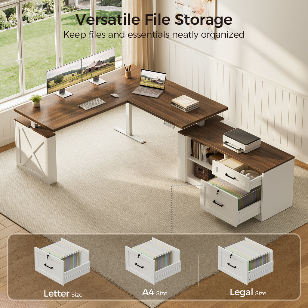 Overhead view of the OffiGo 63-inch farmhouse L-shaped standing desk with a walnut-brown desktop, white X-brace side panel and white cabinet with open shelves and drawers, showing two open shelves, open cabinet drawers and examples of Letter, A4 and Legal hanging-file storage.