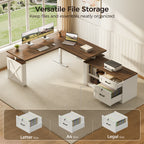 Overhead view of the OffiGo 63-inch farmhouse L-shaped standing desk with a walnut-brown desktop, white X-brace side panel and white cabinet with open shelves and drawers, showing two open shelves, open cabinet drawers and examples of Letter, A4 and Legal hanging-file storage.