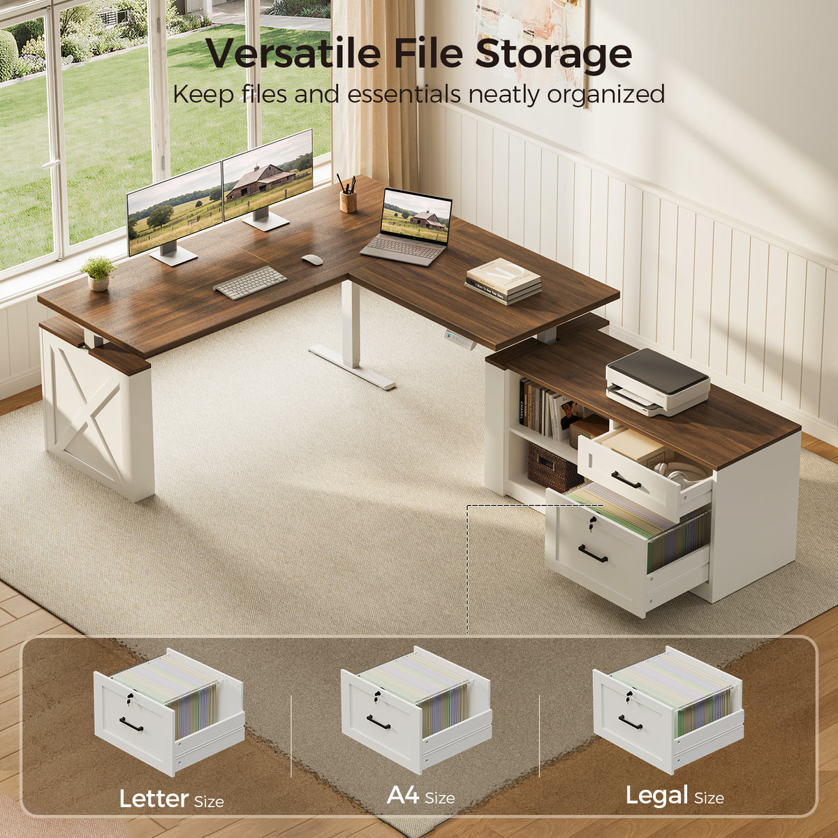 Overhead view of the OffiGo 63-inch farmhouse L-shaped standing desk with a walnut-brown desktop, white X-brace side panel and white cabinet with open shelves and drawers, showing two open shelves, open cabinet drawers and examples of Letter, A4 and Legal hanging-file storage.