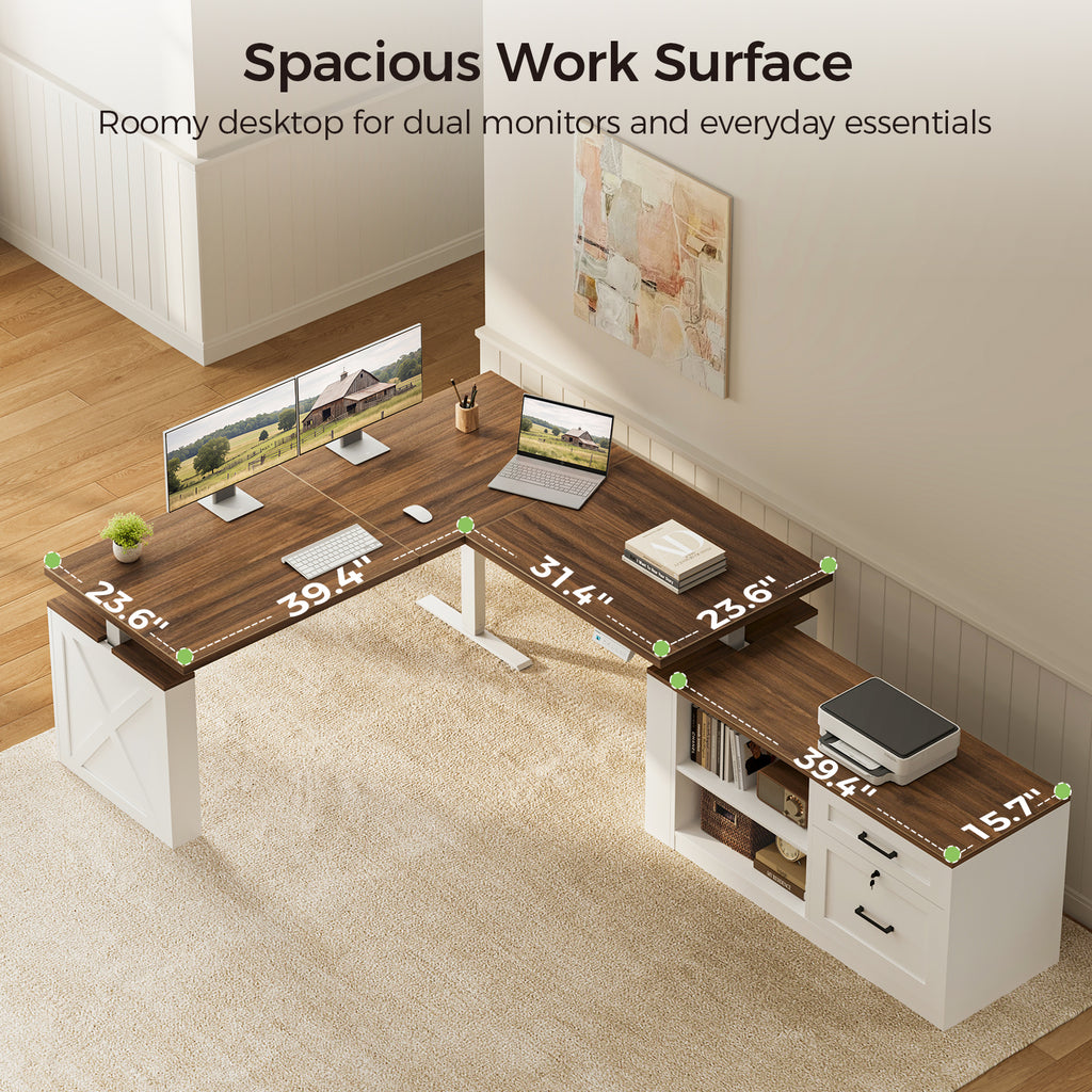 Overhead view of the OffiGo 63-inch farmhouse L-shaped standing desk with a walnut-brown desktop, white X-brace side panel and white cabinet with open shelves and drawers, highlighting the 23.6-inch desktop depth, inner edges of 39.4 and 31.4 inches, and a 39.4 by 15.7-inch cabinet top.