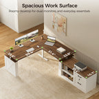 Overhead view of the OffiGo 63-inch farmhouse L-shaped standing desk with a walnut-brown desktop, white X-brace side panel and white cabinet with open shelves and drawers, highlighting the 23.6-inch desktop depth, inner edges of 39.4 and 31.4 inches, and a 39.4 by 15.7-inch cabinet top.