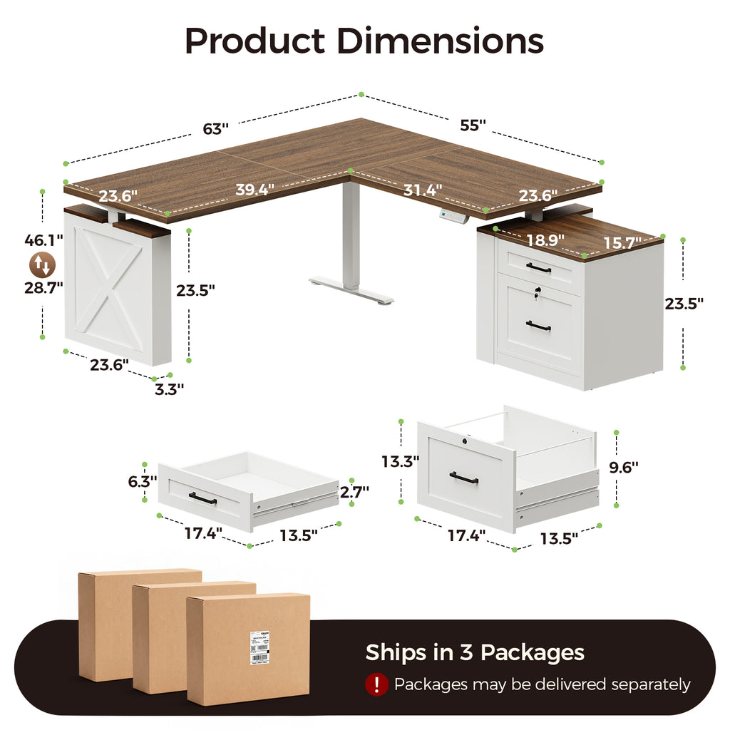 Dimension diagram of the OffiGo 63-inch farmhouse L-shaped standing desk with a walnut-brown desktop, white X-brace side panel and white two-drawer file cabinet, showing a 63 by 55-inch L-shaped desktop, a 28.7 to 46.1-inch adjustable height range, side-panel and drawer measurements, and three-package delivery.