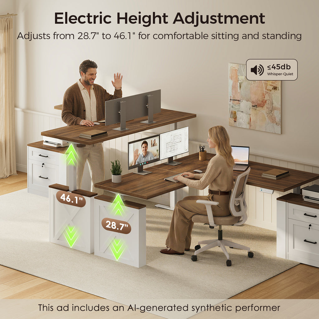 Seated and standing users at the OffiGo 63-inch farmhouse L-shaped standing desk with a walnut-brown desktop, white X-brace side panel and white two-drawer file cabinet, illustrating electric height adjustment from 28.7 to 46.1 inches.