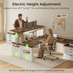 Seated and standing users at the OffiGo 63-inch farmhouse L-shaped standing desk with a walnut-brown desktop, white X-brace side panel and white two-drawer file cabinet, illustrating electric height adjustment from 28.7 to 46.1 inches.