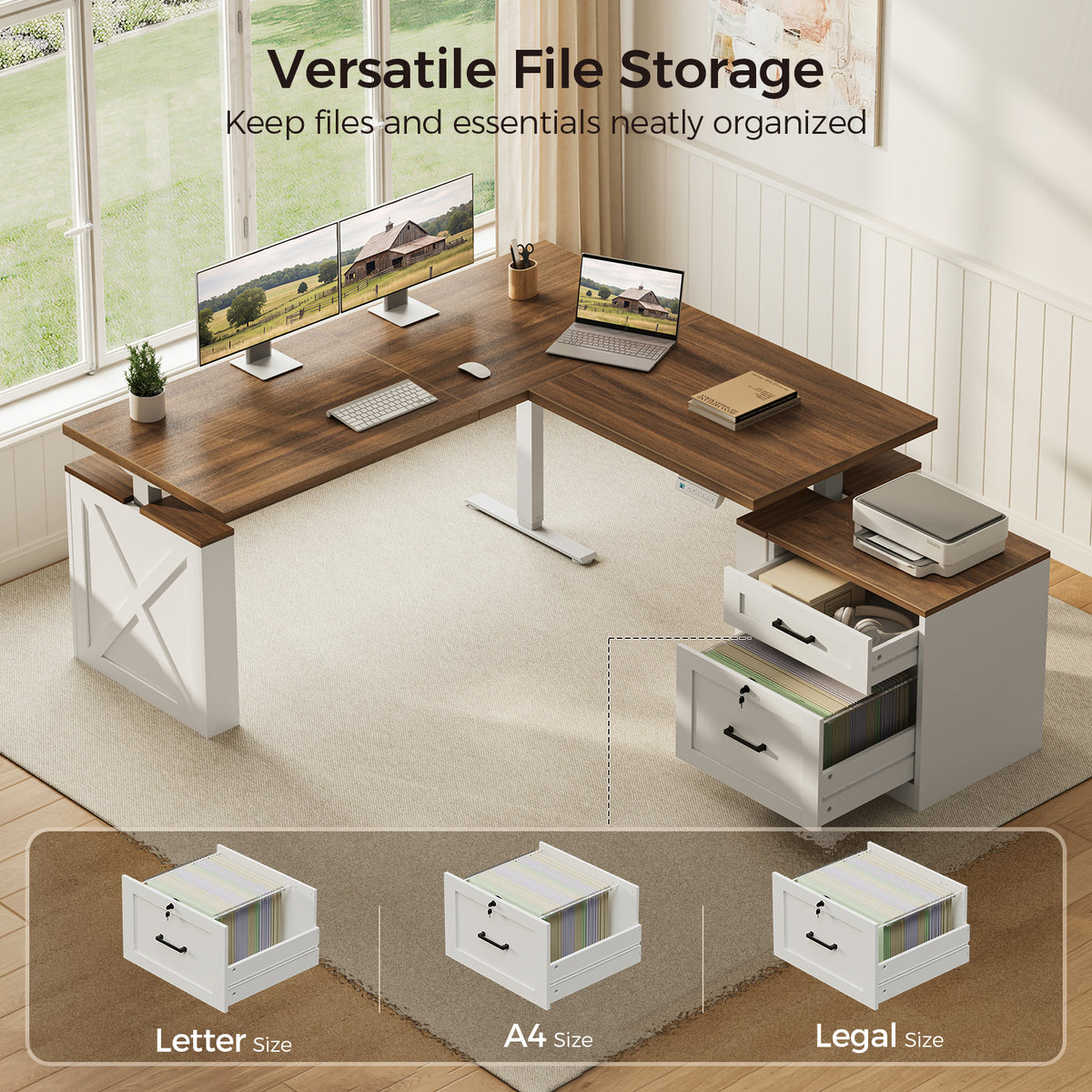 Overhead view of the OffiGo 63-inch farmhouse L-shaped standing desk with a walnut-brown desktop, white X-brace side panel and white two-drawer file cabinet, showing open cabinet drawers and examples of Letter, A4 and Legal hanging-file storage.