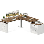 OffiGo 63-inch farmhouse L-shaped standing desk with a walnut-brown desktop, white X-brace side panel and white two-drawer file cabinet, shown on a white background with dual monitors, a laptop and a printer on the cabinet top.