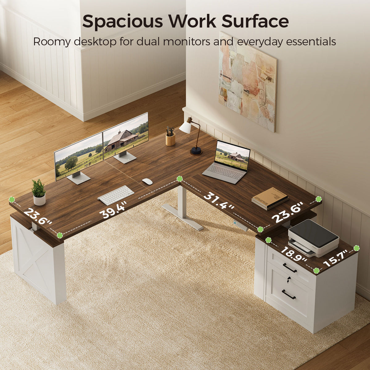 Overhead view of the OffiGo 63-inch farmhouse L-shaped standing desk with a walnut-brown desktop and white file cabinet, showing the 23.6-inch desktop depth, 39.4 and 31.4-inch inner edges, and the 18.9 by 15.7-inch cabinet top holding a printer.