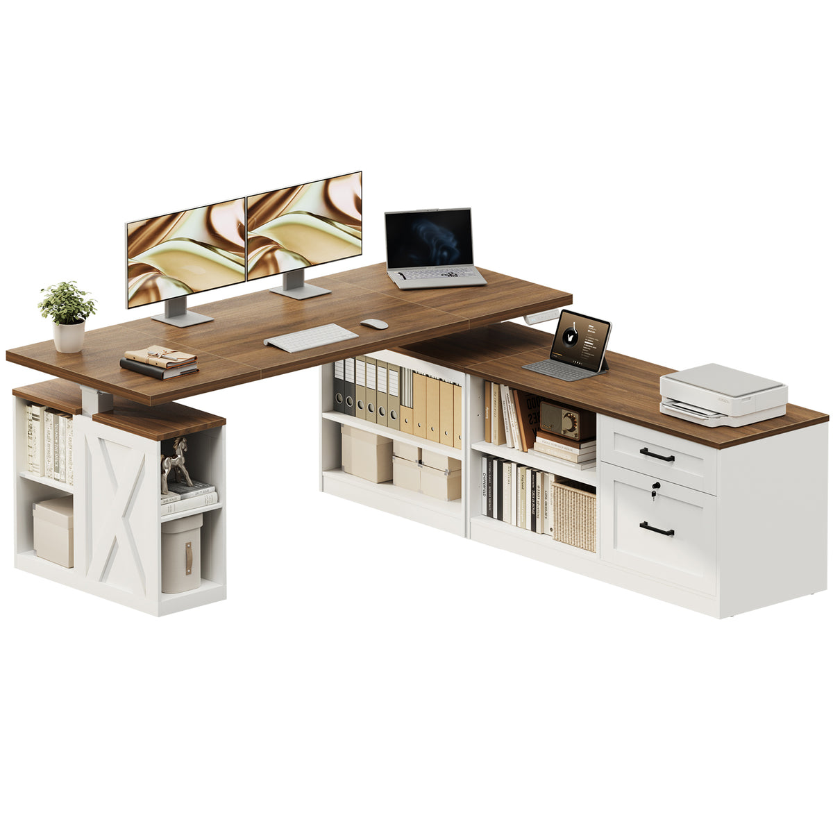 OffiGo 63-inch farmhouse L-shaped standing desk with a walnut-brown desktop and white storage cabinets, shown on a white background with dual monitors, a laptop, a tablet and a printer, with open shelves and drawers.