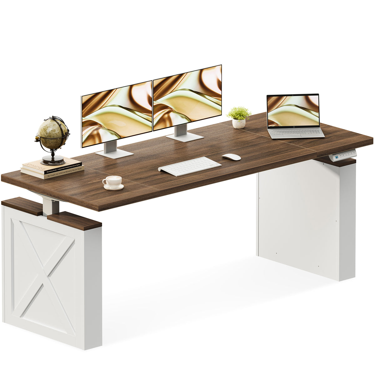 OffiGo 63-inch farmhouse standing desk with a walnut-brown desktop and white X-brace decorative legs, shown on a white background with dual monitors, a laptop, a keyboard, a globe and a cup.