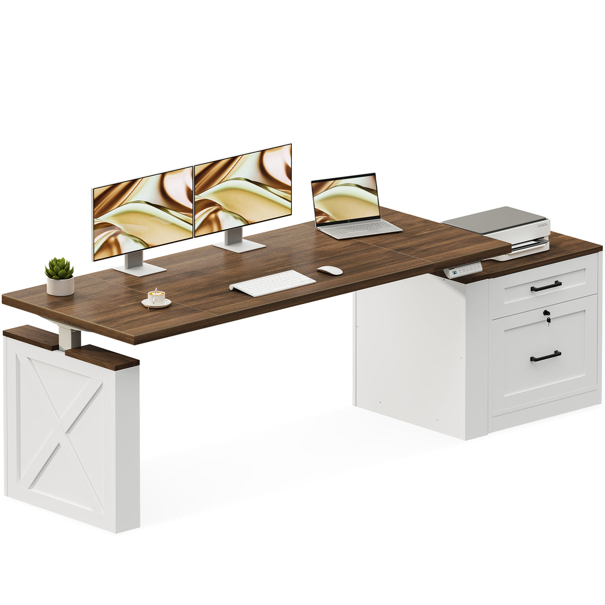 OffiGo 63-inch farmhouse standing desk with a walnut-brown desktop, white X-brace decorative panel and white two-drawer file cabinet, shown on a white background with dual monitors, a laptop and a printer.