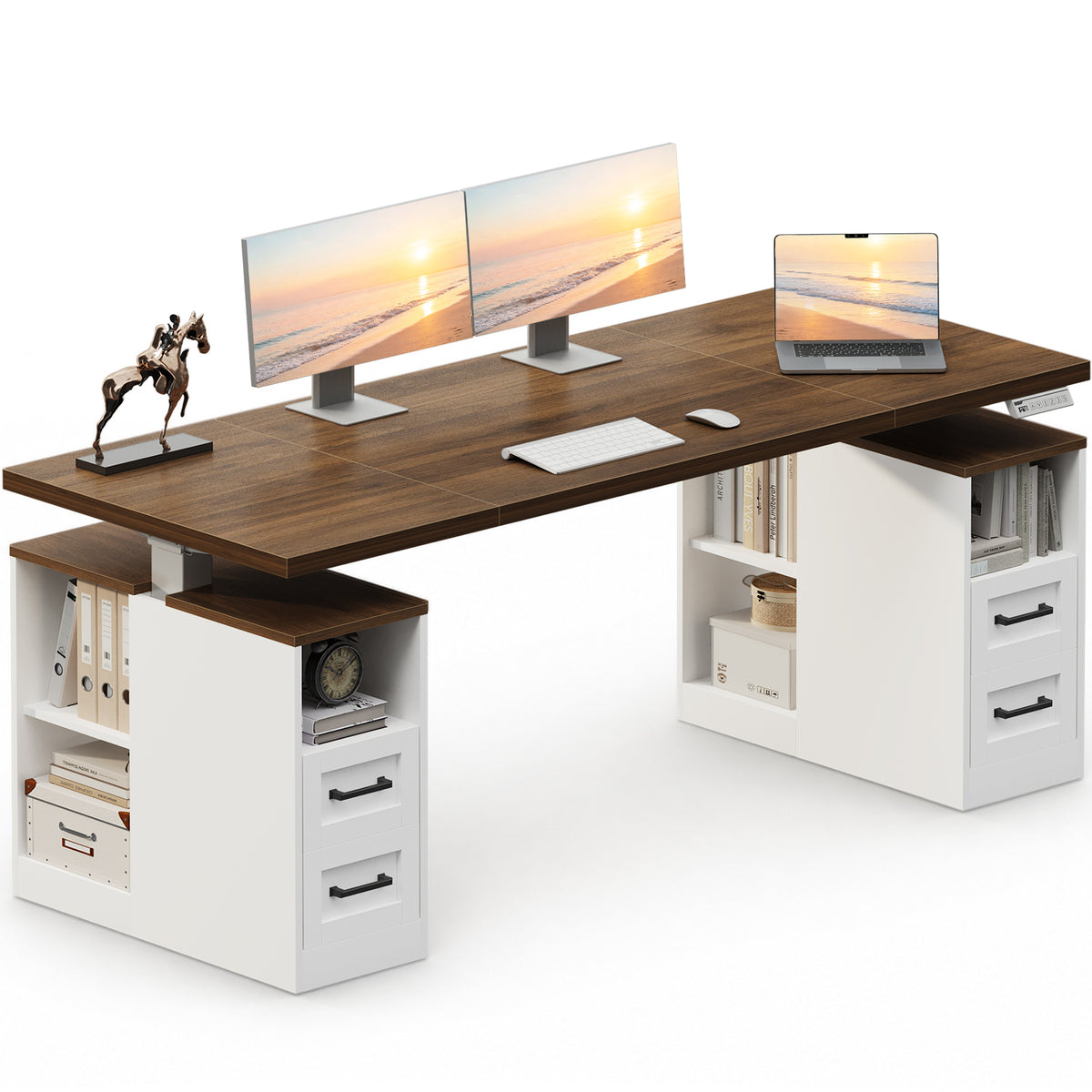 OffiGo 63-inch farmhouse standing desk with a walnut desktop and two white storage cabinets, shown with dual monitors on a white background.