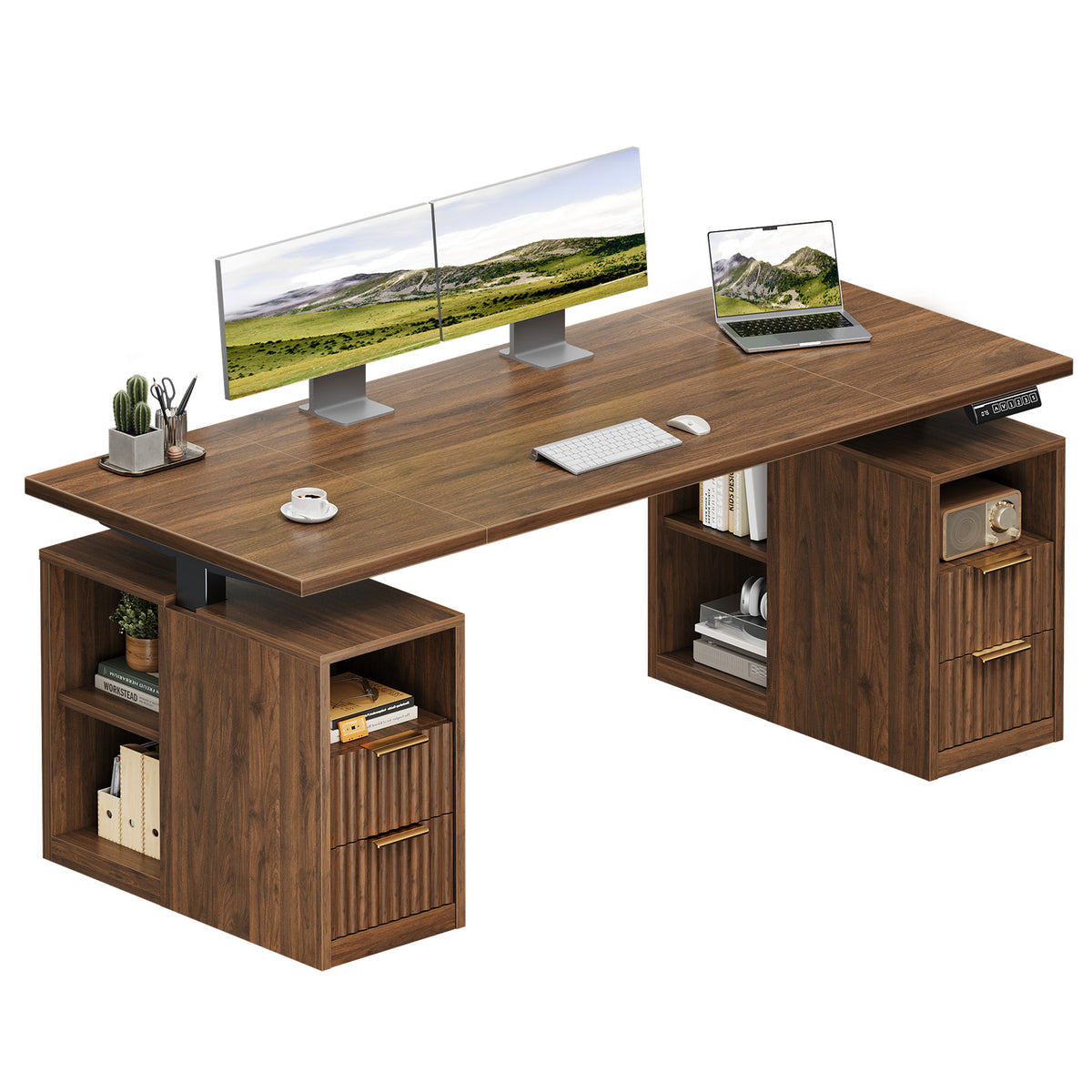 OffiGo 63-inch fluted standing desk with a walnut desktop and two brown storage cabinets, shown with dual monitors on a white background.