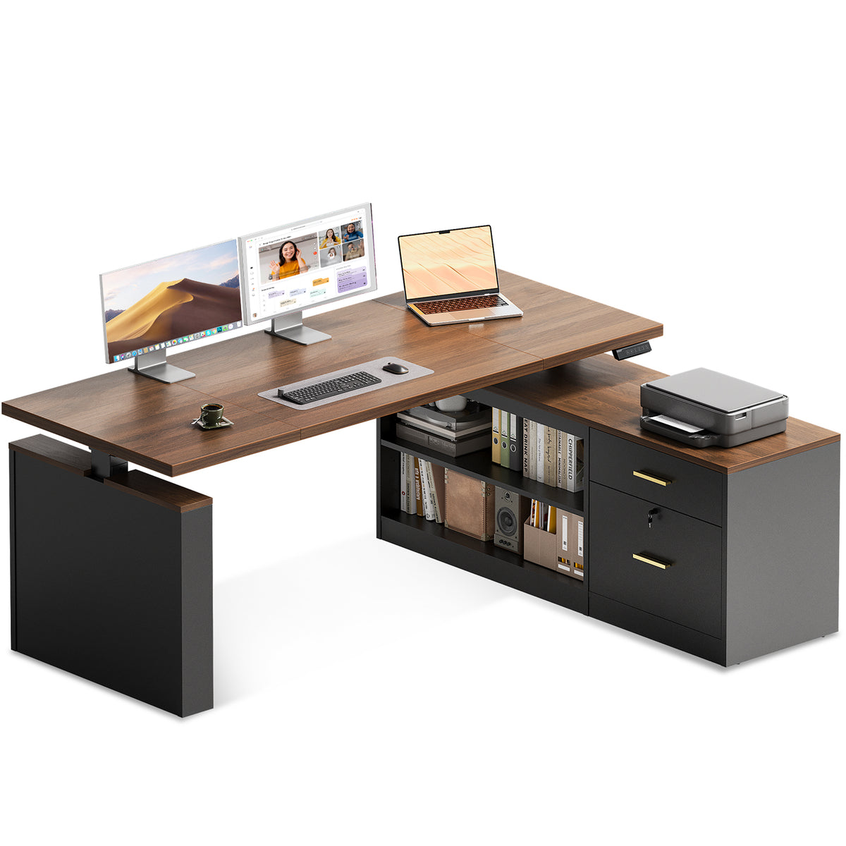 OffiGo 63-inch executive L-shaped standing desk with a walnut-brown desktop and black legs, with a matching black file cabinet, open shelves and drawers, shown with monitors and a printer.