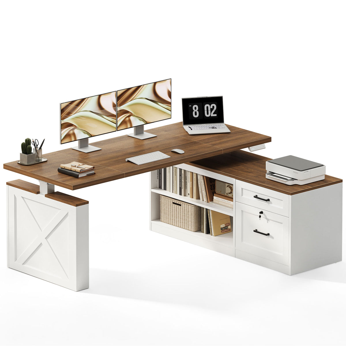 OffiGo 63-inch farmhouse L-shaped standing desk with a walnut-brown desktop and white legs, with a matching white farmhouse file cabinet, open shelves and drawers, shown with monitors and a printer.