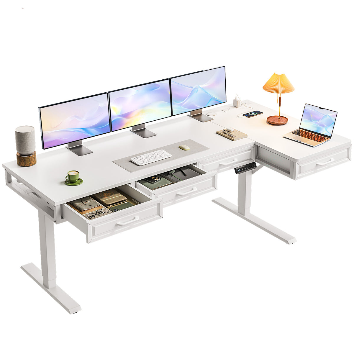 Three-quarter view of the OffiGo 63-inch L-shaped standing desk with a white desktop, white frame and four wooden drawers, with multiple monitors and a laptop.