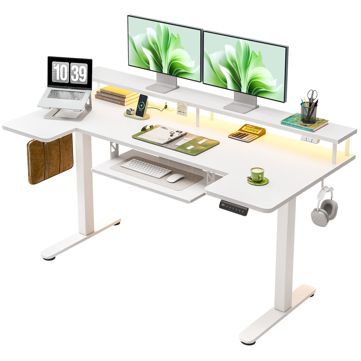 Three-quarter view of the OffiGo 63-inch white U-shaped standing desk with a full-width monitor stand, LED lighting and a slide-out keyboard tray.