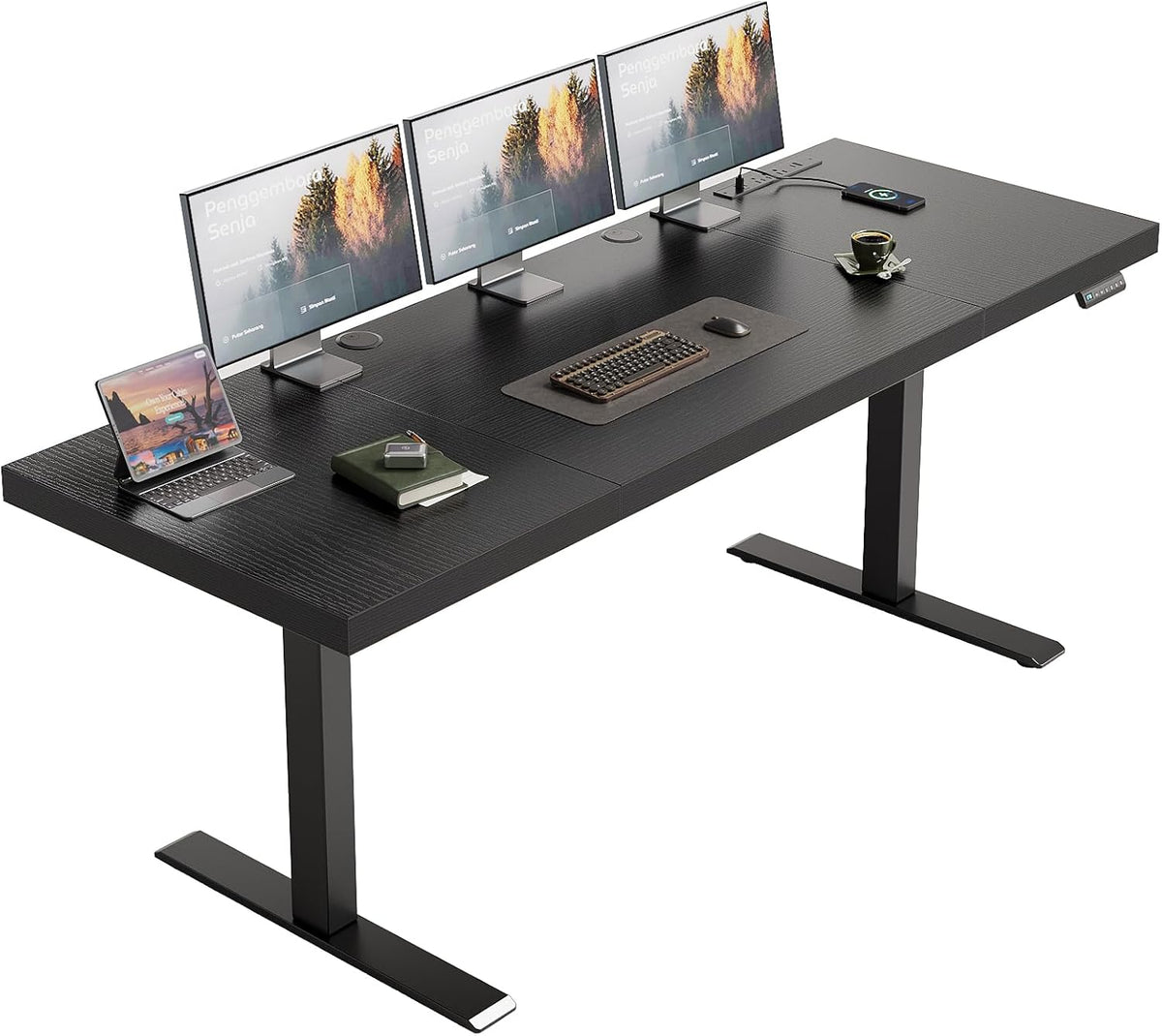 OffiGo 71-inch black executive standing desk with a three-panel desktop, three monitors on stands, a laptop and built-in power outlets.