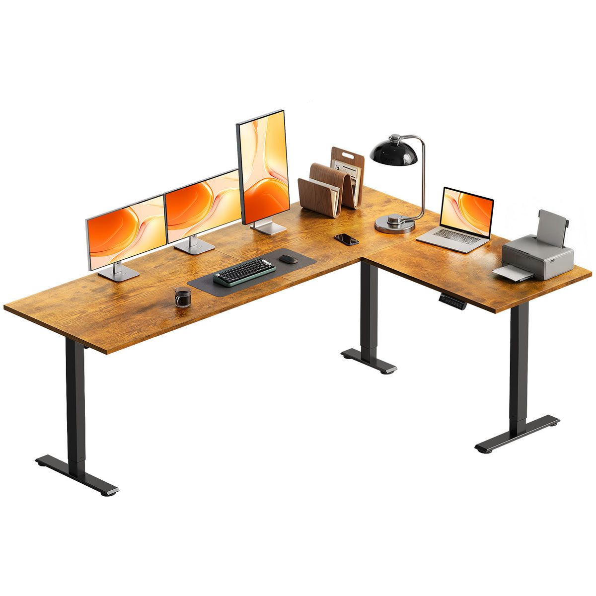 OffiGo 71-inch rustic brown L-shaped electric standing desk with three monitors, a laptop and a printer on its spacious corner desktop.