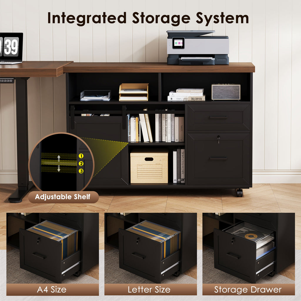 Black rolling cabinet with adjustable open shelves, storage drawers and hanging-file storage for A4 and Letter folders beneath a walnut-brown desktop.