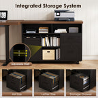 Black rolling cabinet with adjustable open shelves, storage drawers and hanging-file storage for A4 and Letter folders beneath a walnut-brown desktop.