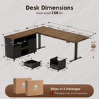 Dimension diagram of the OffiGo 71-inch executive L-shaped standing desk with a walnut-brown desktop, black legs and a rolling black storage cabinet, showing desktop and cabinet measurements, a 29.1 to 46.5-inch adjustable desk height, a 154 lb maximum load and two-package delivery.
