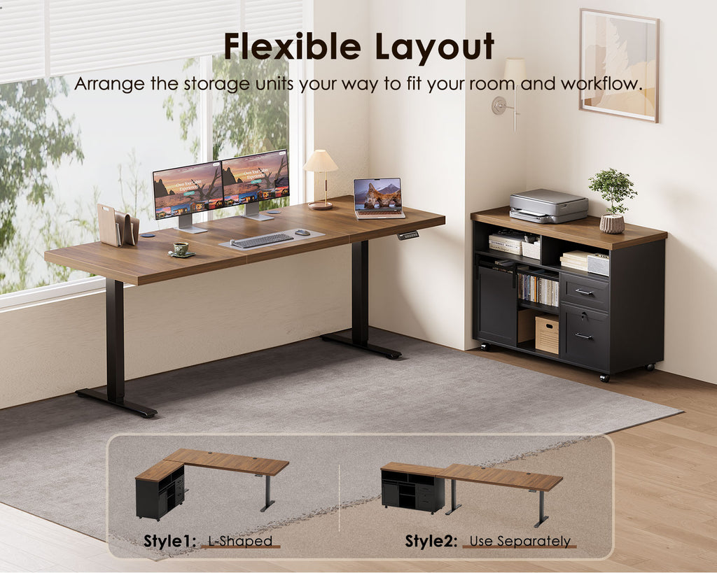 OffiGo 71-inch executive L-shaped standing desk with a walnut-brown desktop, black legs and a rolling black storage cabinet, illustrating an L-shaped arrangement and separate use of the desk and storage cabinet.