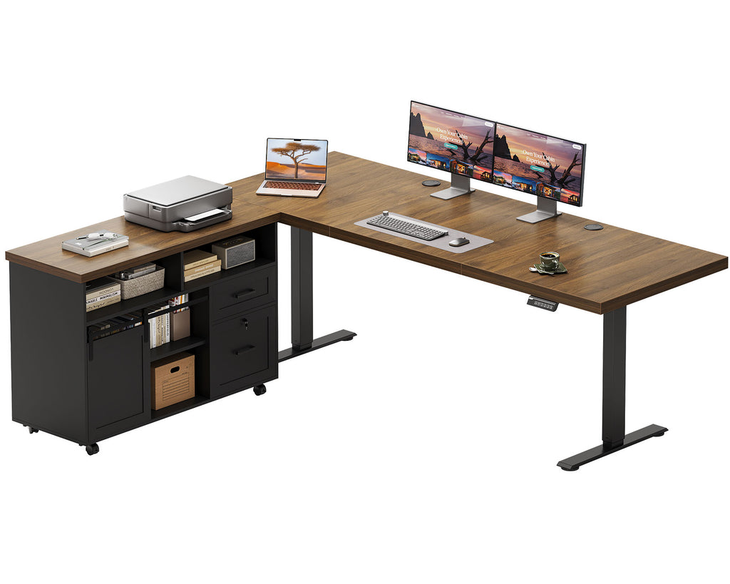 OffiGo 71-inch executive L-shaped standing desk with a walnut-brown desktop, black legs and a rolling black storage cabinet, shown on a white background with monitors, a printer and organized cabinet storage.